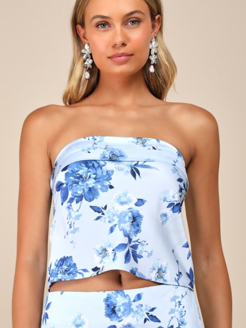 NWT Lulus Charming Excellence Light Blue Floral Satin Crop Top - Size XL